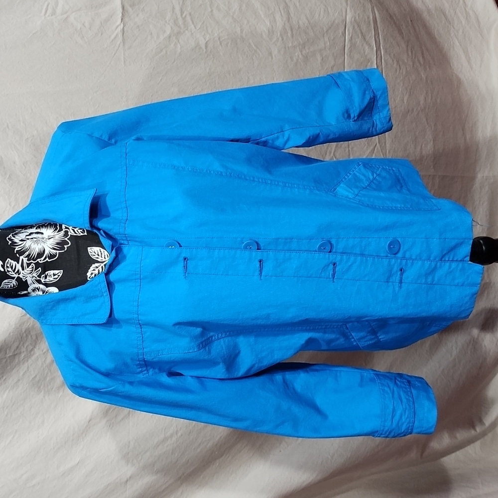 Chico's Bright Blue Button-Up Rain Jacket